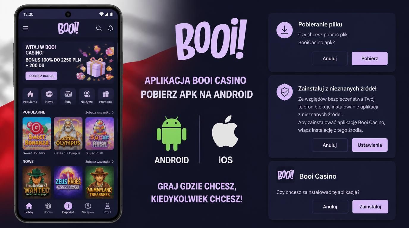 ekran instalacji aplikacji Booi Casino APK na Androida z opcją zgody iOS oraz Android obok logo Polski