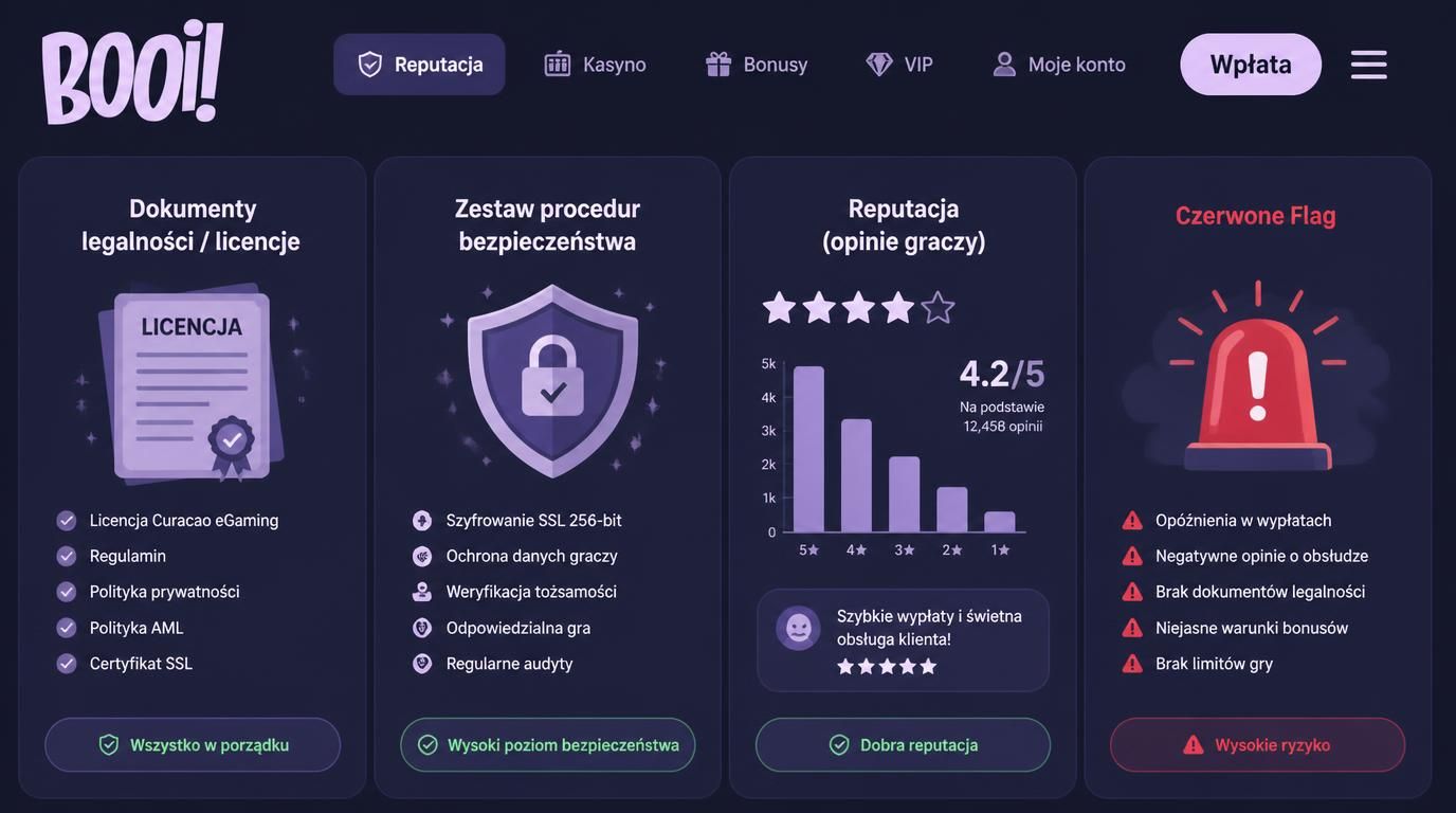 Interfejs kasyna pokazujący dokument licencyjny, tabelę ocen reputacji i symbol alarmu