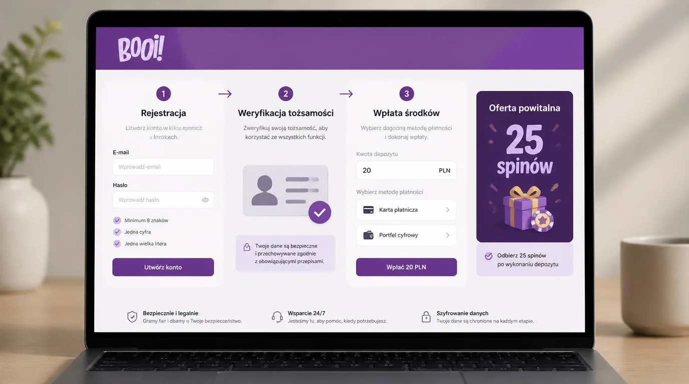 Ekran rejestracji, weryfikacji tożsamości i wpłaty 20 PLN w kasie kasyna online