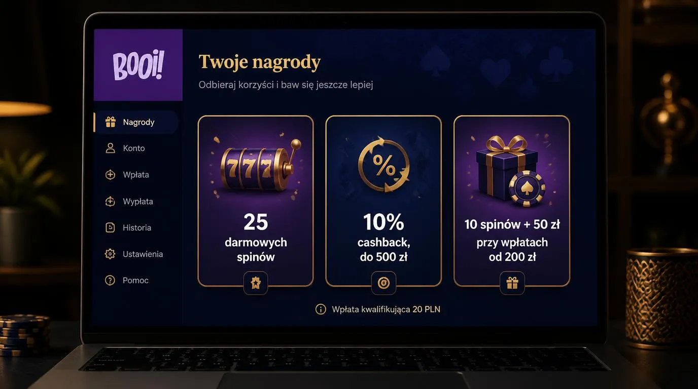 Ekran z ofertą darmowych spinów, tygodniowego cashbacku i bonusu za wpłaty